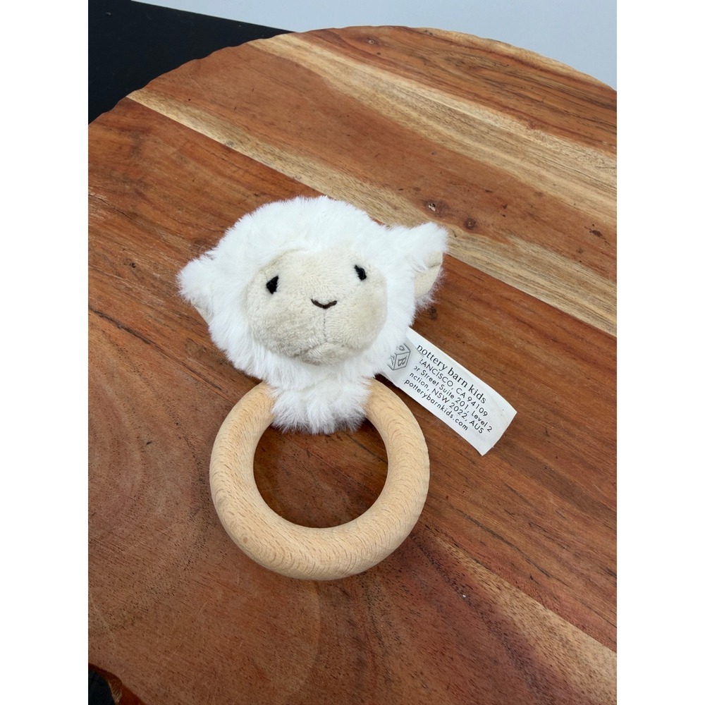 Pottery Barn Kids Lamb critter Rattle Kids OS White Wood Ring Plush Sheep Toy